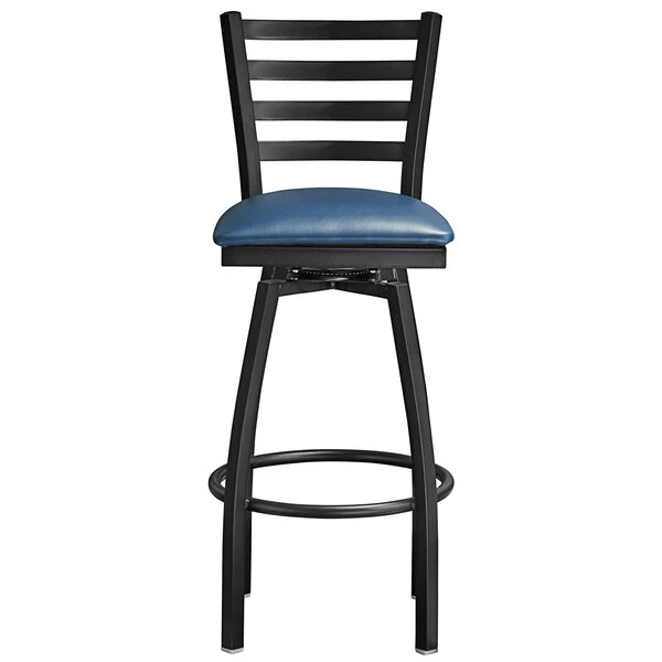 Hot Sale 🤩 Lancaster Table & Seating Black Top Frame Ladder Back Swivel Bar Height Chair With Navy Blue Padded Seat 🥰 - Image 4