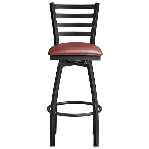 Brand new 🔔 Lancaster Table & Seating Black Top Frame Ladder Back Swivel Bar Height Chair With Burgundy Padded Seat 😀 - Image 4