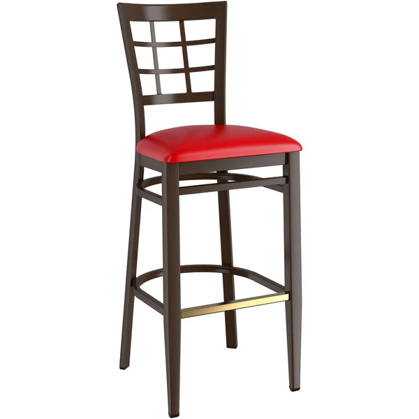 Discount 🤩 LT&S Spartan Series Lancaster Table & Seating Spartan Series Bar Height Metal Window Back Chair With Walnut Wood Grain Finish And Red Vinyl Seat 🎉 - Image 2