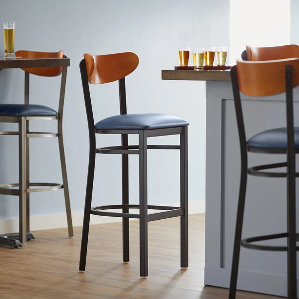 Best reviews of ๐ LT&S Boomerang Series Lancaster Table & Seating Boomerang Bar Height Black Chair With Navy Vinyl Seat And Cherry Back ๐