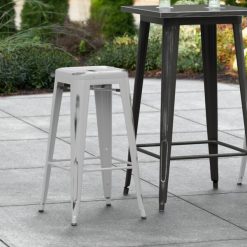 Buy ⭐ LT&S Alloy Series Lancaster Table & Seating Alloy Series Distressed Silver Stackable Metal Indoor / Outdoor Industrial Barstool With Drain Hole Seat ✔️