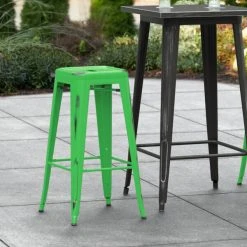 Cheap 🔔 LT&S Alloy Series Lancaster Table & Seating Alloy Series Distressed Green Stackable Metal Indoor / Outdoor Industrial Barstool With Drain Hole Seat 👏