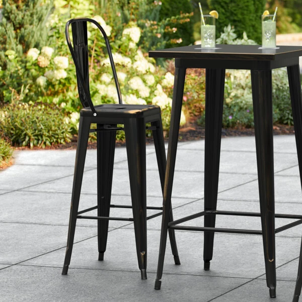 Brand new 🛒 LT&S Alloy Series Lancaster Table & Seating Alloy Series Distressed Copper Metal Indoor / Outdoor Industrial Cafe Barstool With Vertical Slat Back And Drain Hole Seat ⭐