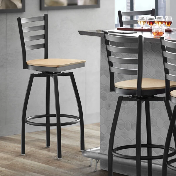 Hot Sale ๐ Lancaster Table & Seating Black Top Frame Ladder Back Swivel Bar Height Chair With Natural Wood Seat โ