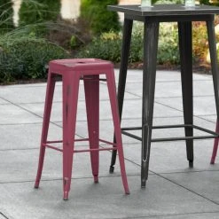 Discount 😉 LT&S Alloy Series Lancaster Table & Seating Alloy Series Distressed Sangria Stackable Metal Indoor / Outdoor Industrial Barstool With Drain Hole Seat 👏