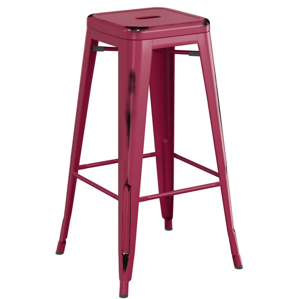Discount 😉 LT&S Alloy Series Lancaster Table & Seating Alloy Series Distressed Sangria Stackable Metal Indoor / Outdoor Industrial Barstool With Drain Hole Seat 👏 - Image 2