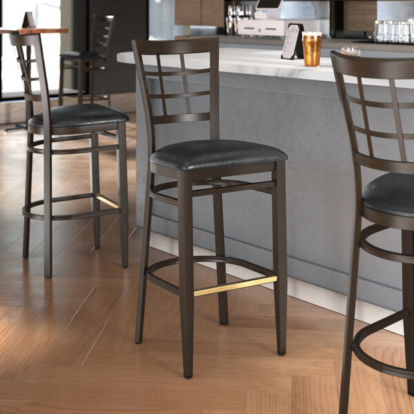 Budget ???? LT&S Spartan Series Lancaster Table & Seating Spartan Series Bar Height Metal Window Back Chair With Walnut Wood Grain Finish And Black Vinyl Seat ???? 3 Budget ???? LT&S Spartan Series Lancaster Table & Seating Spartan Series Bar Height Metal Window Back Chair With Walnut Wood Grain Finish And Black Vinyl Seat ????