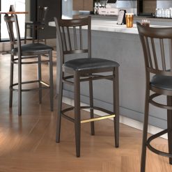 Hot Sale ???? LT&S Spartan Series Lancaster Table & Seating Spartan Series Bar Height Metal Slat Back Chair With Walnut Wood Grain Finish And Black Vinyl Seat ????
