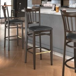 Hot Sale 🧨 LT&S Spartan Series Lancaster Table & Seating Spartan Series Bar Height Metal Slat Back Chair With Walnut Wood Grain Finish And Black Vinyl Seat 🔔