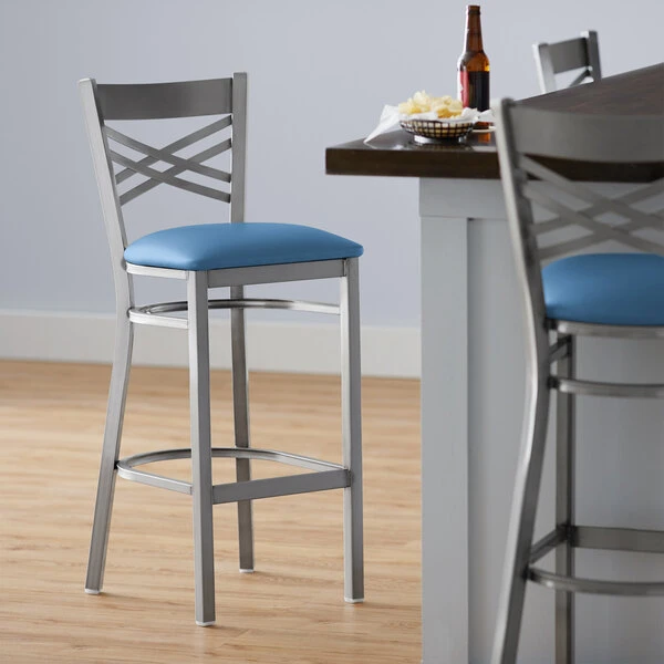 Discount ๐ Lancaster Table & Seating Clear ๐งฅ Coat Cross Back Bar Height Chair With Blue Padded Seat ๐
