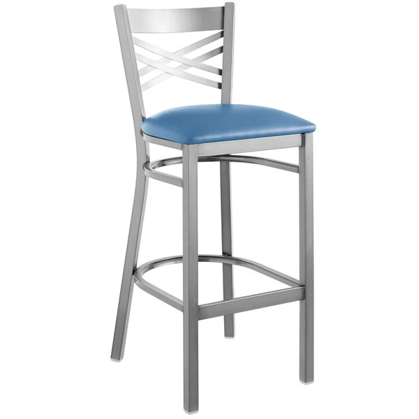 Discount ๐ Lancaster Table & Seating Clear ๐งฅ Coat Cross Back Bar Height Chair With Blue Padded Seat ๐ - Image 2