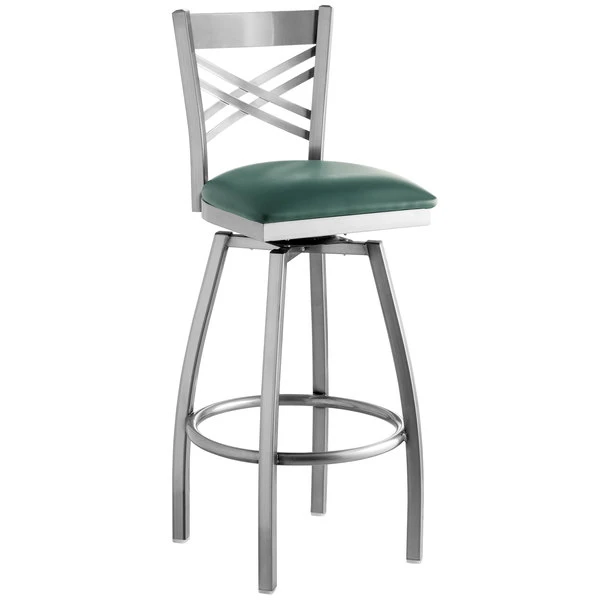 Best Sale ⌛ Lancaster Table & Seating Clear 🧥 Coat Steel Cross Back Bar Height Swivel Chair With 2 1/2" Green Vinyl Seat ⭐ - Image 2