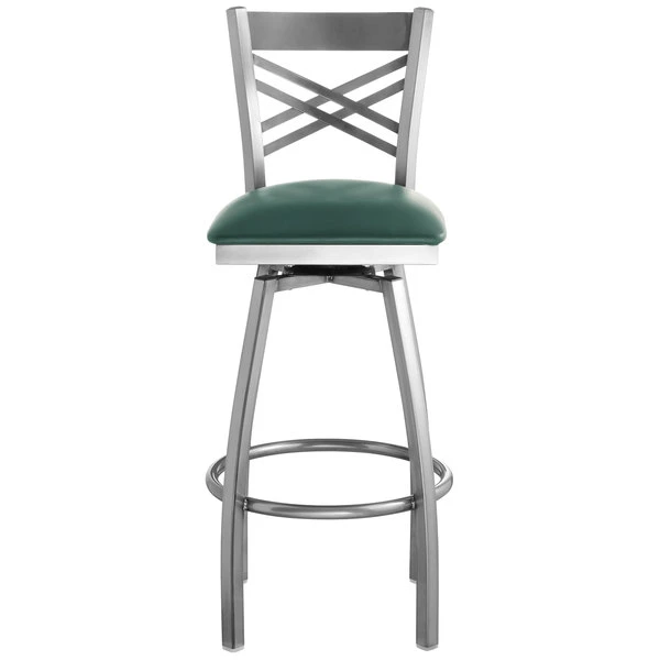 Best Sale ⌛ Lancaster Table & Seating Clear 🧥 Coat Steel Cross Back Bar Height Swivel Chair With 2 1/2" Green Vinyl Seat ⭐ - Image 4