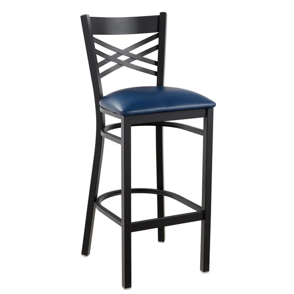 Cheap 💯 Lancaster Table & Seating Cross Back Bar Height Black Chair With Navy Vinyl Seat 🛒 - Image 2