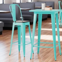 Best Sale ???? LT&S Alloy Series Lancaster Table & Seating Alloy Series Seafoam Metal Indoor Industrial Cafe Bar Height Stool With Vertical Slat Back And Black Wood Seat ????
