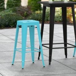 Deals 😍 LT&S Alloy Series Lancaster Table & Seating Alloy Series Arctic Blue Stackable Metal Indoor / Outdoor Industrial Barstool With Drain Hole Seat 🧨