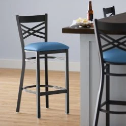 Best Pirce ๐ Lancaster Table & Seating Black Cross Back Bar Height Chair With Blue Padded Seat ๐ฅฐ