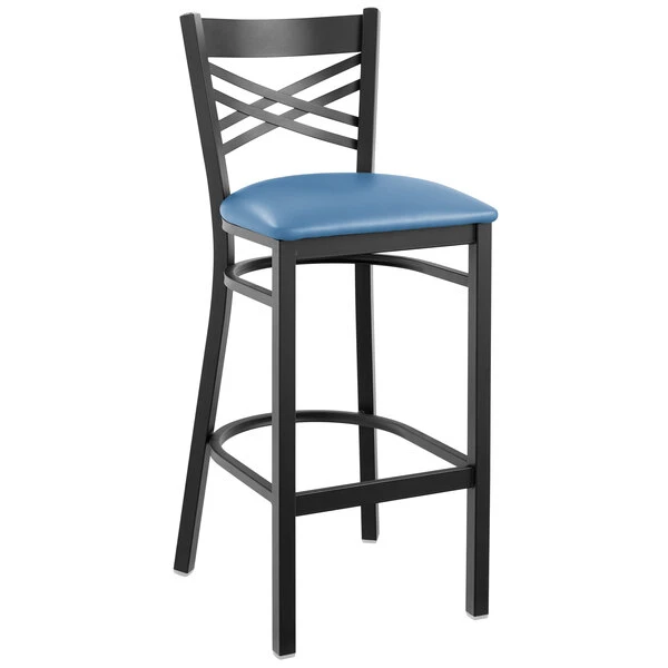 Best Pirce 🌟 Lancaster Table & Seating Black Cross Back Bar Height Chair With Blue Padded Seat 🥰 - Image 2