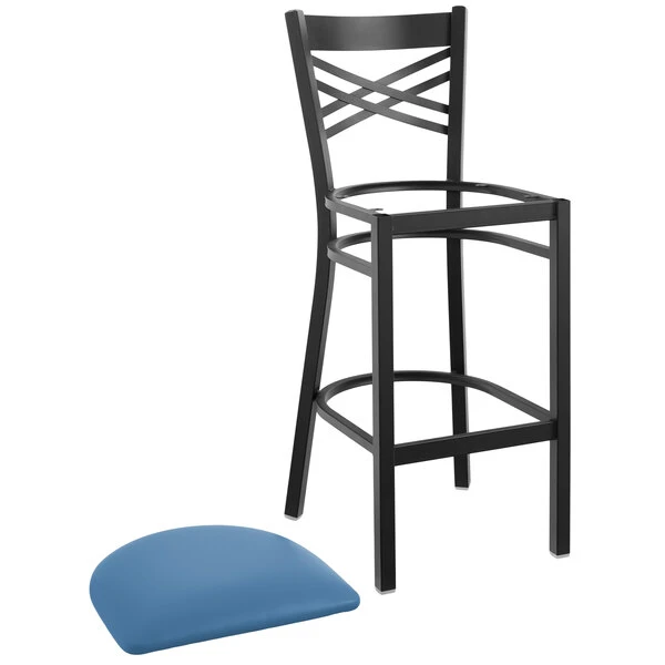 Best Pirce 🌟 Lancaster Table & Seating Black Cross Back Bar Height Chair With Blue Padded Seat 🥰 - Image 4