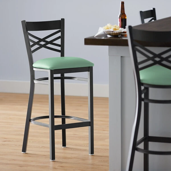 Best deal 🔔 Lancaster Table & Seating Black Cross Back Bar Height Chair With Seafoam Padded Seat 🌟