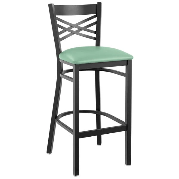 Best deal 🔔 Lancaster Table & Seating Black Cross Back Bar Height Chair With Seafoam Padded Seat 🌟 - Image 2