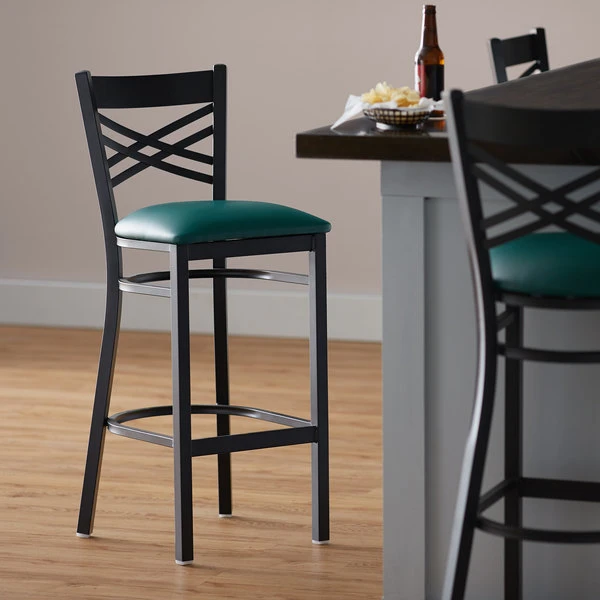 Hot Sale ๐ฏ Lancaster Table & Seating Cross Back Bar Height Black Chair With Green Vinyl Seat โค๏ธ