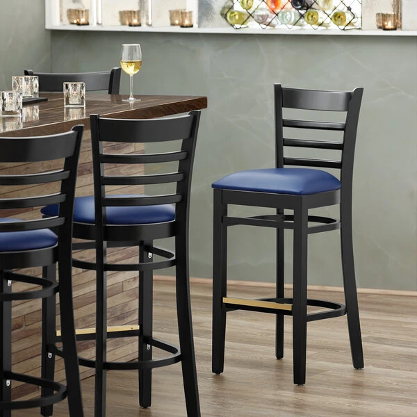 Brand new ๐งจ Lancaster Table & Seating Black Ladder Back Bar Height Chair With Navy Padded Seat ๐