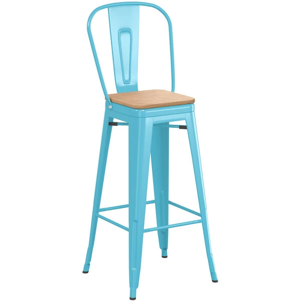 Cheapest ❤️ LT&S Alloy Series Lancaster Table & Seating Alloy Series Arctic Blue Metal Indoor Industrial Cafe Bar Height Stool With Vertical Slat Back And Natural Wood Seat 🎉 - Image 2