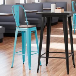 Coupon ???? LT&S Alloy Series Lancaster Table & Seating Alloy Series Arctic Blue Metal Indoor Industrial Cafe Bar Height Stool With Vertical Slat Back And Walnut Wood Seat ????