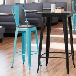 Coupon 🛒 LT&S Alloy Series Lancaster Table & Seating Alloy Series Arctic Blue Metal Indoor Industrial Cafe Bar Height Stool With Vertical Slat Back And Walnut Wood Seat 🎁