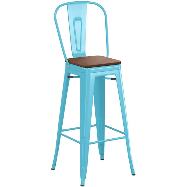 Coupon 🛒 LT&S Alloy Series Lancaster Table & Seating Alloy Series Arctic Blue Metal Indoor Industrial Cafe Bar Height Stool With Vertical Slat Back And Walnut Wood Seat 🎁 - Image 2