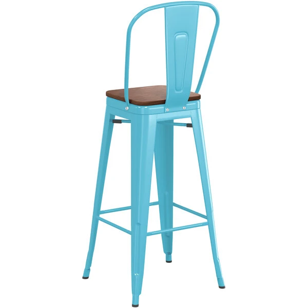 Coupon 🛒 LT&S Alloy Series Lancaster Table & Seating Alloy Series Arctic Blue Metal Indoor Industrial Cafe Bar Height Stool With Vertical Slat Back And Walnut Wood Seat 🎁 - Image 3