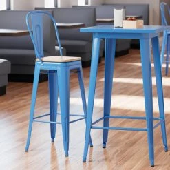 Brand new 👍 LT&S Alloy Series Lancaster Table & Seating Alloy Series Blue Metal Indoor Industrial Cafe Bar Height Stool With Vertical Slat Back And Natural Wood Seat 🎉