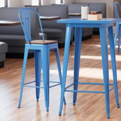 Budget ???? LT&S Alloy Series Lancaster Table & Seating Alloy Series Blue Metal Indoor Industrial Cafe Bar Height Stool With Vertical Slat Back And Walnut Wood Seat ????