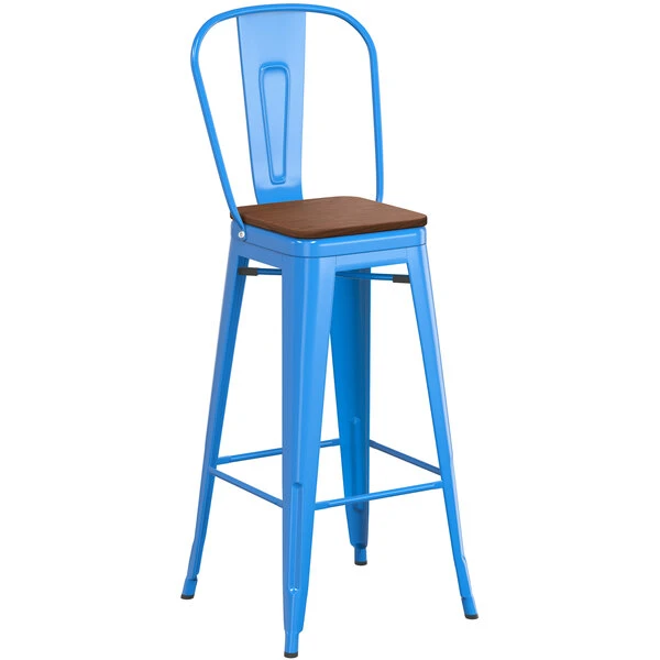 Budget 😉 LT&S Alloy Series Lancaster Table & Seating Alloy Series Blue Metal Indoor Industrial Cafe Bar Height Stool With Vertical Slat Back And Walnut Wood Seat 💯 - Image 2