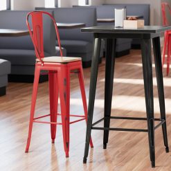 Best Sale ❤️ LT&S Alloy Series Lancaster Table & Seating Alloy Series Distressed Red Metal Indoor Industrial Cafe Bar Height Stool With Vertical Slat Back And Natural Wood Seat ⭐