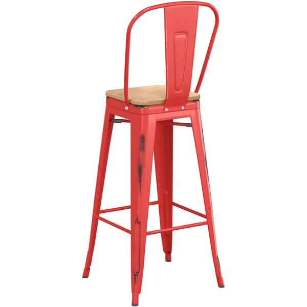 Best Sale ❤️ LT&S Alloy Series Lancaster Table & Seating Alloy Series Distressed Red Metal Indoor Industrial Cafe Bar Height Stool With Vertical Slat Back And Natural Wood Seat ⭐ - Image 3