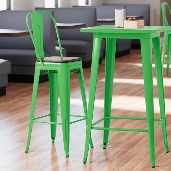 Brand new ๐ LT&S Alloy Series Lancaster Table & Seating Alloy Series Green Metal Indoor Industrial Cafe Bar Height Stool With Vertical Slat Back And Black Wood Seat ๐
