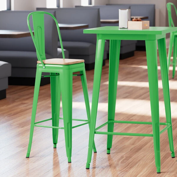Outlet ✔️ LT&S Alloy Series Lancaster Table & Seating Alloy Series Green Metal Indoor Industrial Cafe Bar Height Stool With Vertical Slat Back And Natural Wood Seat ✨