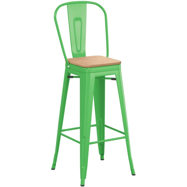 Outlet ✔️ LT&S Alloy Series Lancaster Table & Seating Alloy Series Green Metal Indoor Industrial Cafe Bar Height Stool With Vertical Slat Back And Natural Wood Seat ✨ - Image 2