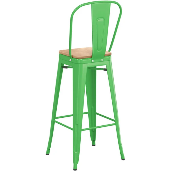Outlet ✔️ LT&S Alloy Series Lancaster Table & Seating Alloy Series Green Metal Indoor Industrial Cafe Bar Height Stool With Vertical Slat Back And Natural Wood Seat ✨ - Image 3