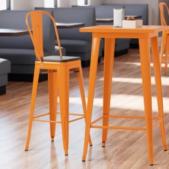 Wholesale ???? LT&S Alloy Series Lancaster Table & Seating Alloy Series Orange Metal Indoor Industrial Cafe Bar Height Stool With Vertical Slat Back And Black Wood Seat ⭐