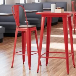Brand new โจ LT&S Alloy Series Lancaster Table & Seating Alloy Series Red Metal Indoor Industrial Cafe Bar Height Stool With Vertical Slat Back And Walnut Wood Seat ๐ฅ