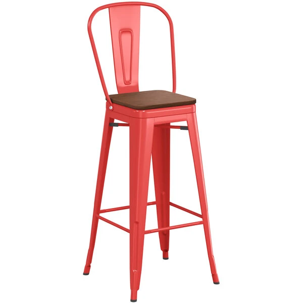 Brand new ✨ LT&S Alloy Series Lancaster Table & Seating Alloy Series Red Metal Indoor Industrial Cafe Bar Height Stool With Vertical Slat Back And Walnut Wood Seat 🔥 - Image 2