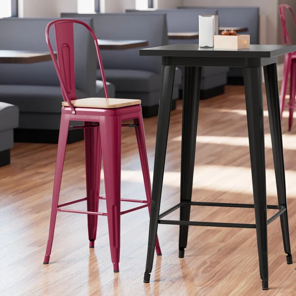Promo 🤩 LT&S Alloy Series Lancaster Table & Seating Alloy Series Sangria Metal Indoor Industrial Cafe Bar Height Stool With Vertical Slat Back And Natural Wood Seat 😍