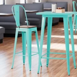 Flash Sale 😉 LT&S Alloy Series Lancaster Table & Seating Alloy Series Seafoam Metal Indoor Industrial Cafe Bar Height Stool With Vertical Slat Back And Walnut Wood Seat 👏