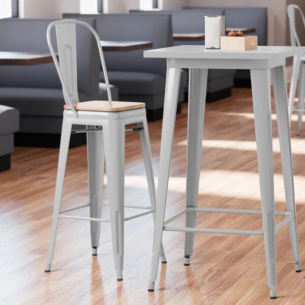 Flash Sale ❤️ LT&S Alloy Series Lancaster Table & Seating Alloy Series Silver Metal Indoor Industrial Cafe Bar Height Stool With Vertical Slat Back And Natural Wood Seat 🛒