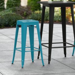 Cheap ???? LT&S Alloy Series Lancaster Table & Seating Alloy Series Teal Stackable Metal Indoor / Outdoor Industrial Barstool With Drain Hole Seat ✨