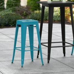Cheap 🛒 LT&S Alloy Series Lancaster Table & Seating Alloy Series Teal Stackable Metal Indoor / Outdoor Industrial Barstool With Drain Hole Seat ✨