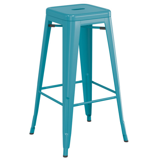 Cheap ???? LT&S Alloy Series Lancaster Table & Seating Alloy Series Teal Stackable Metal Indoor / Outdoor Industrial Barstool With Drain Hole Seat ✨ 4 Cheap ???? LT&S Alloy Series Lancaster Table & Seating Alloy Series Teal Stackable Metal Indoor / Outdoor Industrial Barstool With Drain Hole Seat ✨ - Image 2